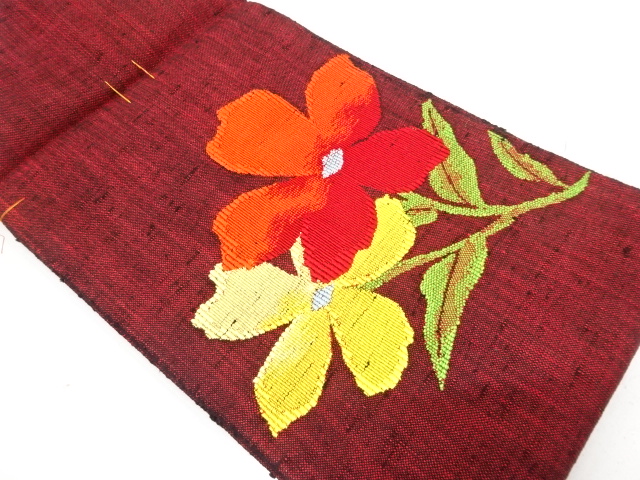 未使用品　手織り真綿紬　花模様織り出し　名古屋帯